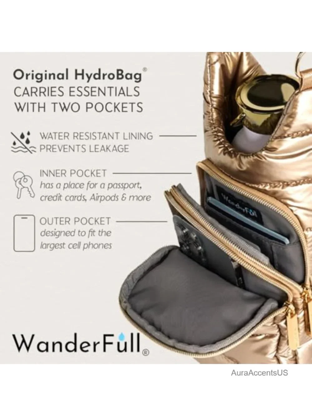 Quilted Water-Resistant Crossbody Water Bottle Holder with Phone Pocket, Fits